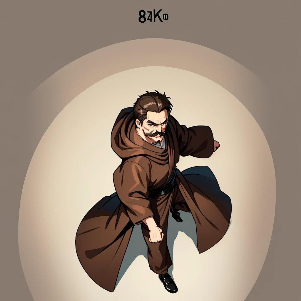 ((((Solo))))、Highest quality, Best Quality,Best illustrations、8K、middle ages、(((Simple brown robe、Black shoes)))、(40-year-old uncle、mature、Kaiser moustache)、(Cool expression)、Fighting stance、Fighting Pose、(From above)、Full body character concept