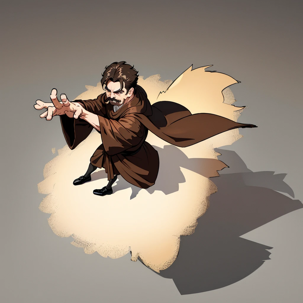 ((((Solo))))、Highest quality, Best Quality,Best illustrations、8K、middle ages、(((Simple brown robe、Black shoes)))、(40-year-old uncle、mature、Kaiser moustache)、(Cool expression)、Fighting stance、Fighting Pose、(From above)、Full body character concept