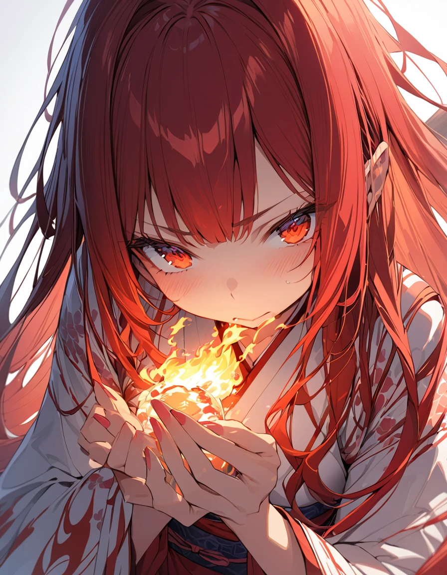 masterpiece　Detailed description　A woman with very long red hair　Very intense flames all over　Japanese style　

