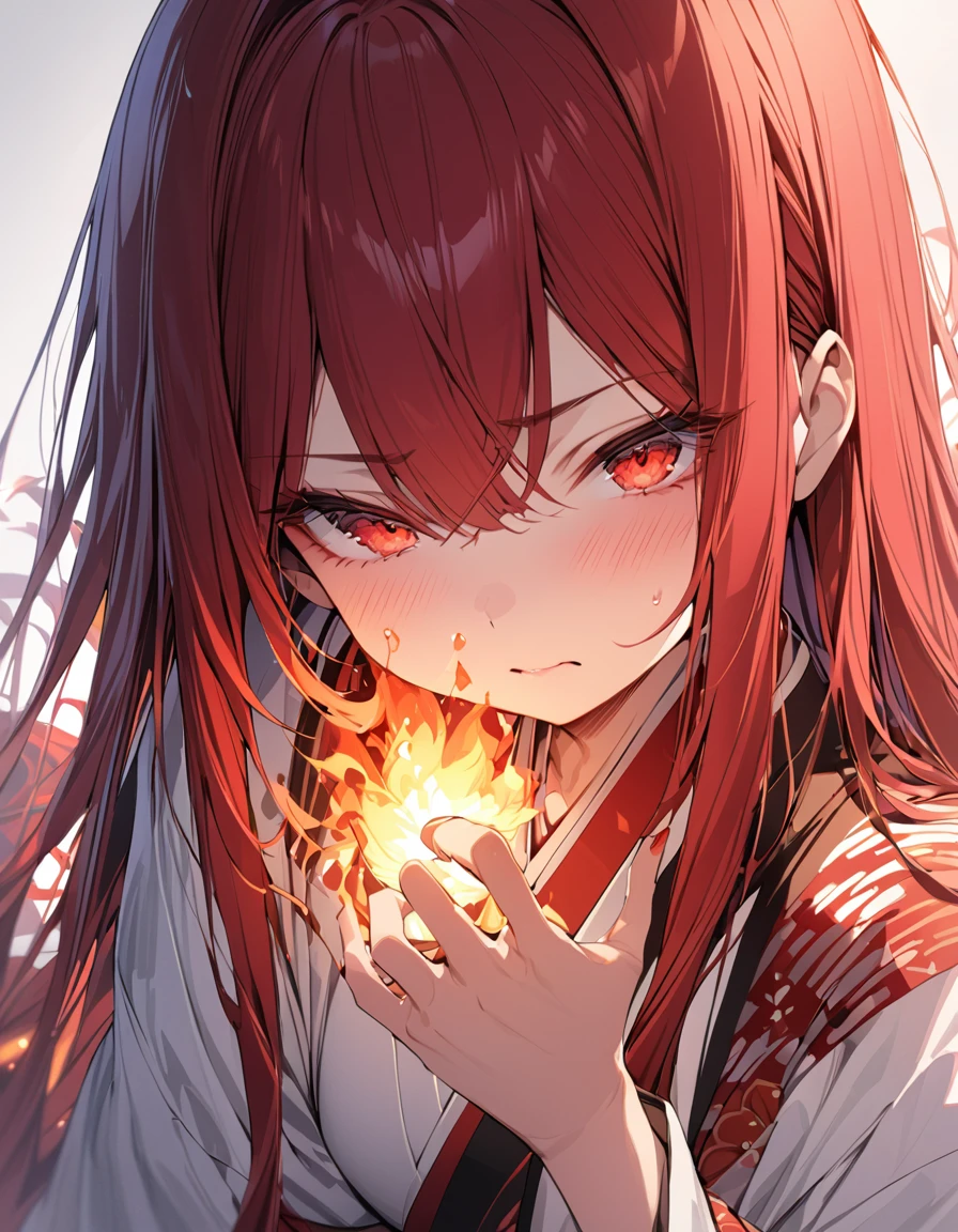 masterpiece　Detailed description　A woman with very long red hair　Very intense flames all over　Japanese style　
