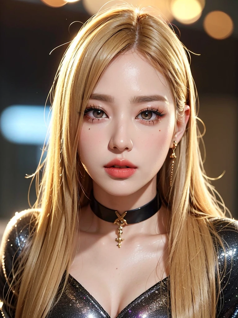 1girl, alone, solitary, high quality, (best quality,4k,8k,highres,masterpiece:1.2),ultra-detailed,(realistic,photorealistic,photo-realistic:1.37),gorgeous hair,blonde hair,long straight hair with bangs,sharp eyes,mole under the eye,plump lips,jewelry,(high detailed skin:1.4),(rim lighting:1.3),(lit:1.3),(sunny day:1.3),portrait,beautiful lips,waist-length hair,seductive gaze,moles,casual clothes,colorful clothing,close up,super long hair,choker necklace,light eyes,bangs,fringe,20 year old,dimples on the cheeks,dimples,golden hair,blondehair,bright golden hair,black,red lips,red lipstick,round lips,round pouty lips,pouty lips,douyin makeup, sparkly makeup,glitter,contact lenses