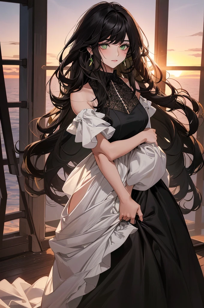 (top quality, masterpiece, high quality, ultra-delicate), ((beautiful girl)), (((adult)), ((Pure Dark black hair)), mature, graceful curves, ((long hair, long bangs)), ((bright green eyes)), ((detailed eyes)), nose, bangs, black collar, ((Revealing white Dress)), V neck, seductive, standing casual ribbon, charm, shoulderless dress, fashion, thick thighs, green earrings, Good Lighting, Sunset, full body.