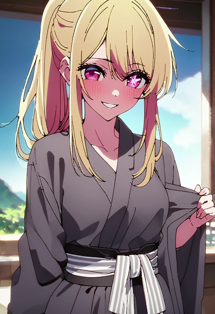 Blonde、Open yukata、Highest quality、high resolution、8K,Highest quality、Star-shaped pupil、The best smile、long hair、Pink Eyes、ponytail、Cowboy Shot、One person