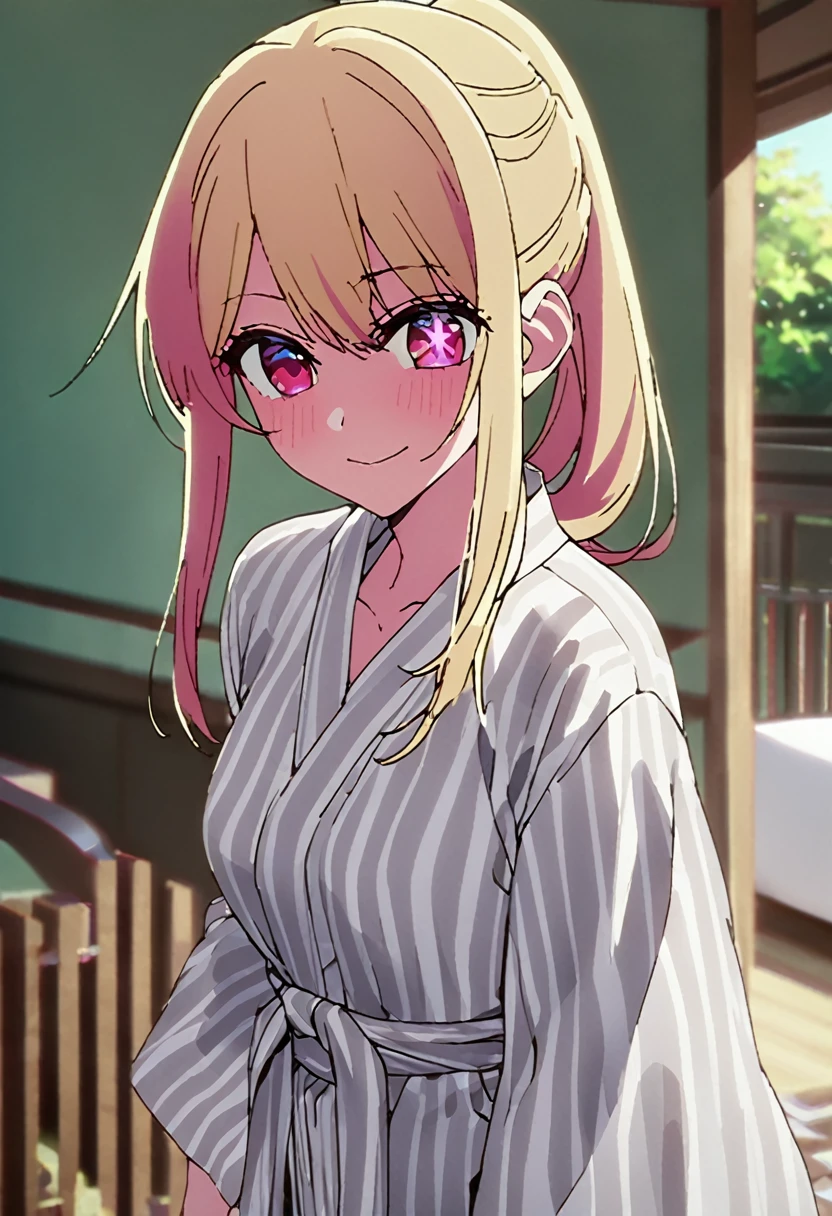 Blonde、Open yukata、Highest quality、high resolution、8K,Highest quality、Star-shaped pupil、The best smile、long hair、Pink Eyes、ponytail、Cowboy Shot、One person
