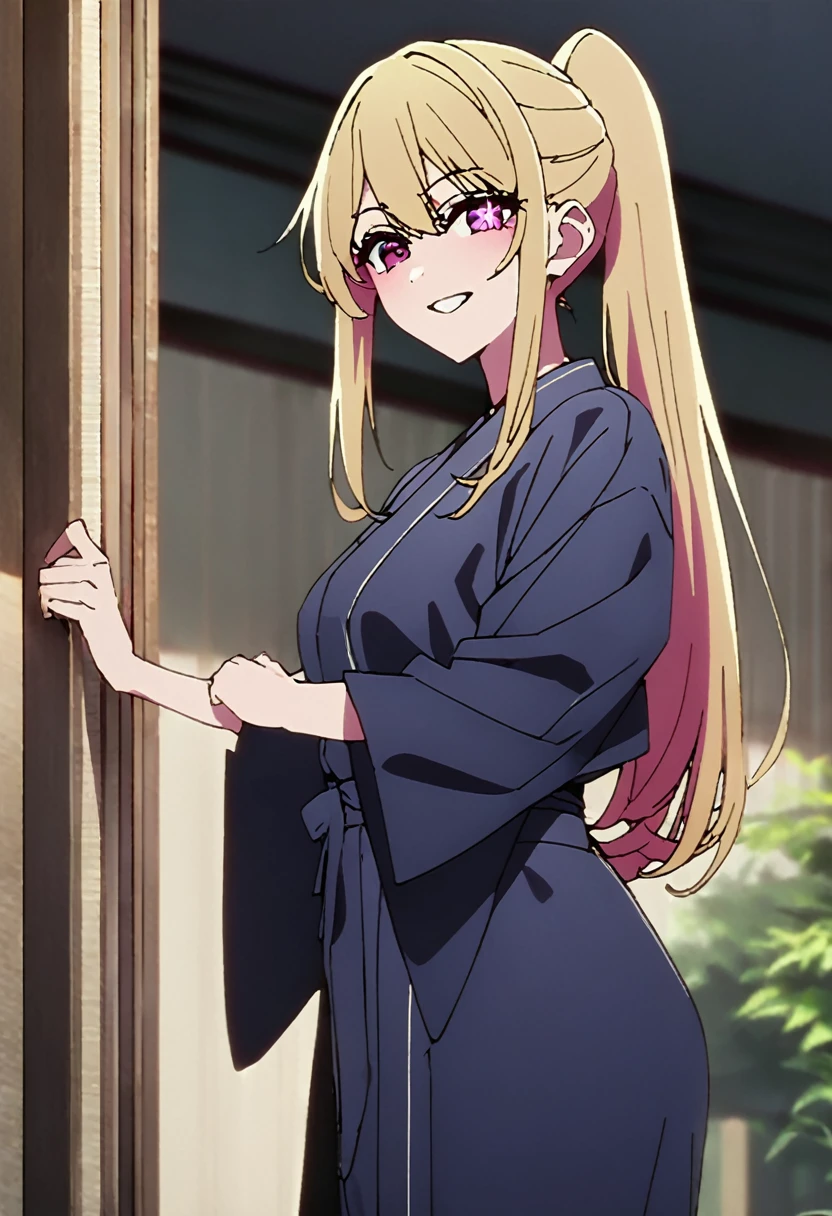 Blonde、Open yukata、Highest quality、high resolution、8K,Highest quality、Star-shaped pupil、The best smile、long hair、Pink Eyes、ponytail、Cowboy Shot、One person