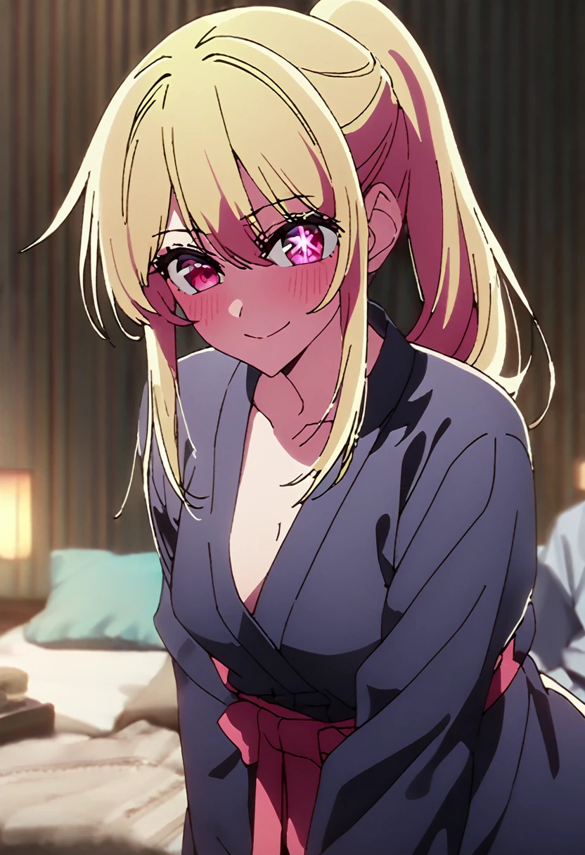 Blonde、Open yukata、Highest quality、high resolution、8K,Highest quality、Star-shaped pupil、The best smile、long hair、Pink Eyes、ponytail、Cowboy Shot、One person