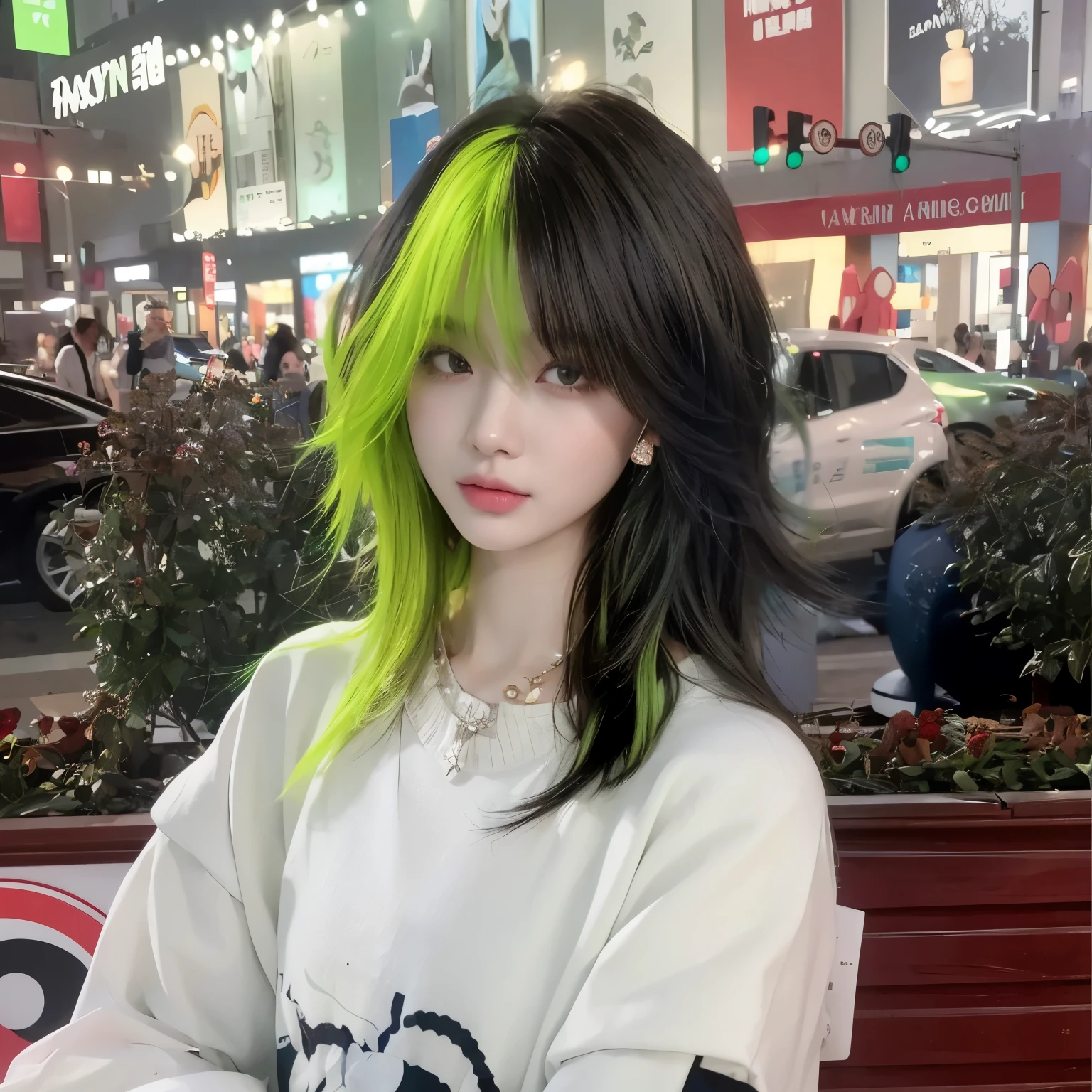 masterpiece，Best quality，Girl with green highlighted hair，Long straight hair，The left hair is green，The right hair is black，Collarbone hair，Flowing hair，Facing the camera，Bangs，Sweet cool girl，Exquisite facial features，20 years old，Chinese Girl，
