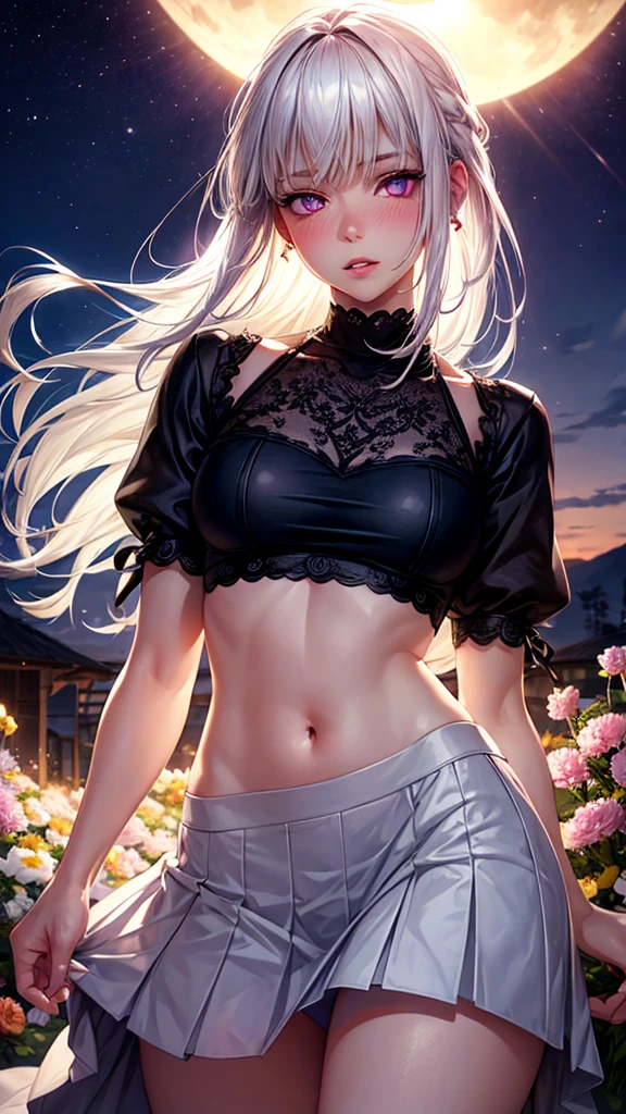 realistic, 1girl, white hair, purple eyes, glowing eyes, crop top, skirt, parted lips, blush, night, flowers, sun, sunlight,