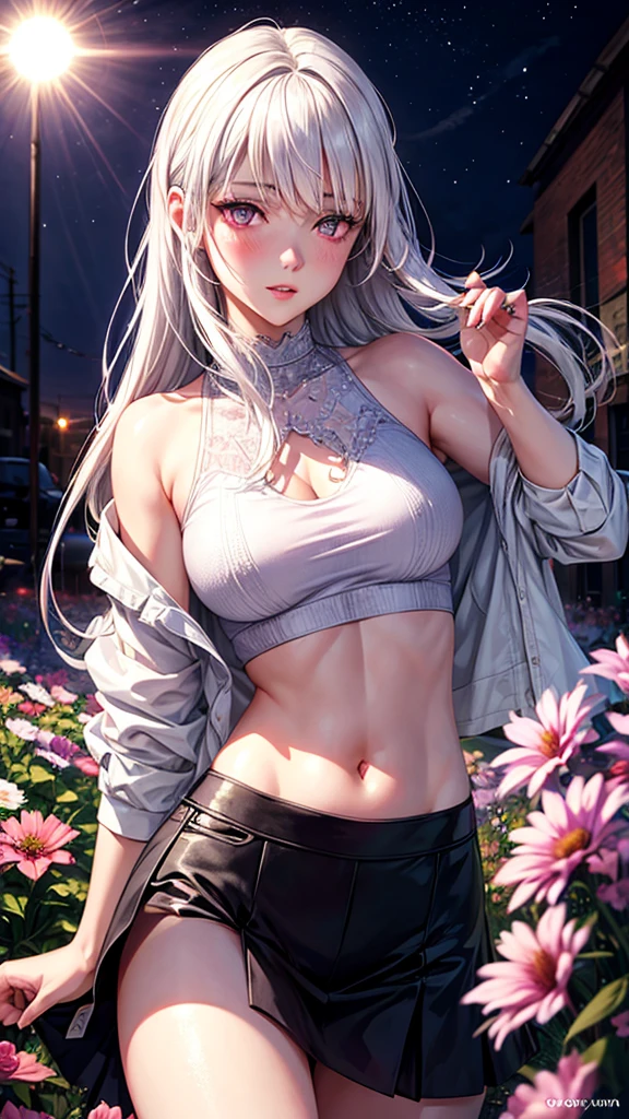 realistic, 1girl, white hair, purple eyes, glowing eyes, crop top, skirt, parted lips, blush, night, flowers, sun, sunlight,