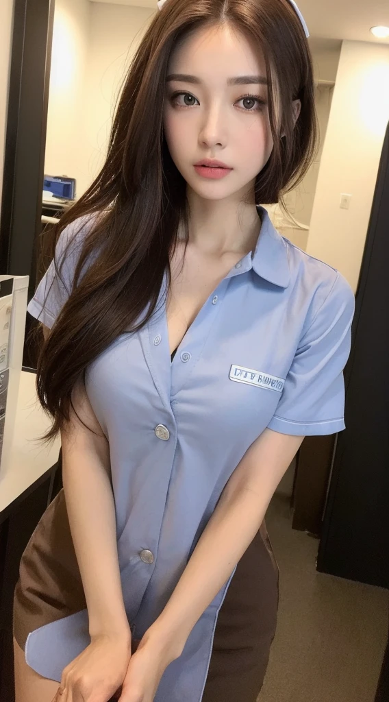 ((Best quality, 8k, Masterpiece :1.3)), Whole body, Sharp focus :1.2, A pretty woman with perfect figure :1.4, Slender abs :1.2, ((Dark brown hair, Big breasts :1.2)), Highly detailed face and skin texture, Detailed eyes, Double eyelid, ((nurse uniform)), Small Bust, exposed cleavage, hospital