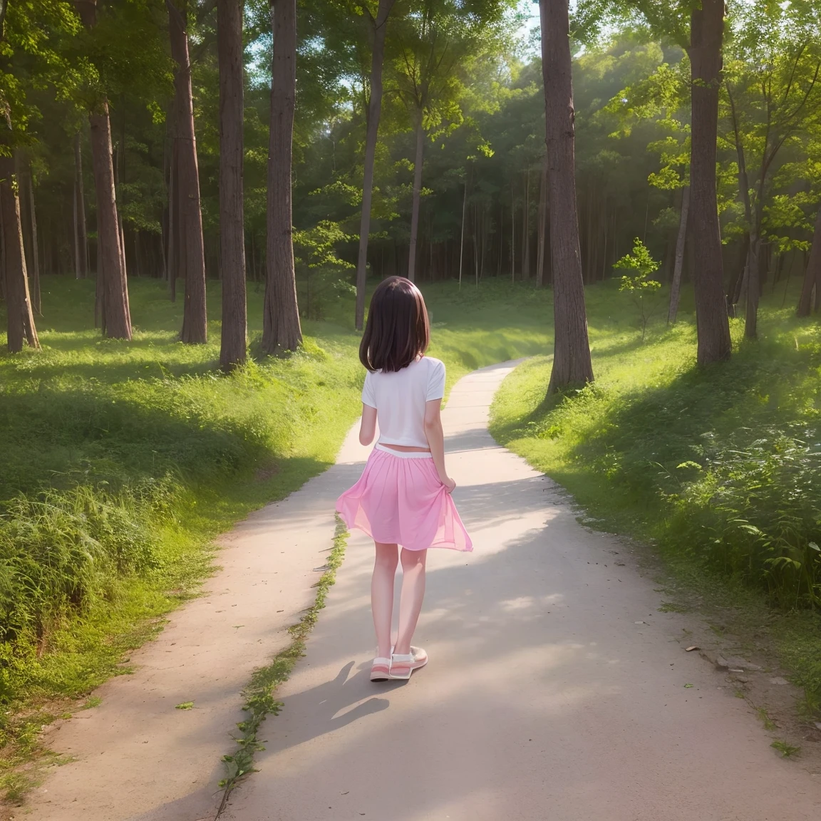 high resolution、Beautiful depiction、Forest Path、Draw a person larger、night、One person、Are standing、9-year-old girl、Very thin body、Show your ass、smile、Glasses、Pink underwear、mini skirt