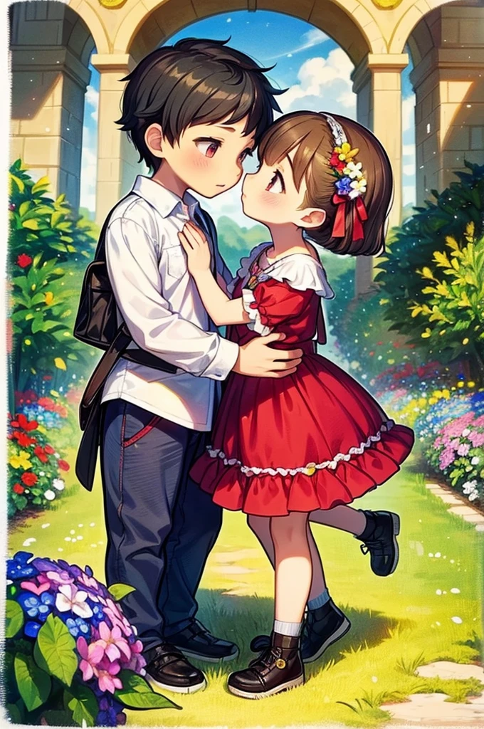 (Highest quality)(Masterpiece)A and girl are facing each other and kissing、Many colorful flowers are blooming