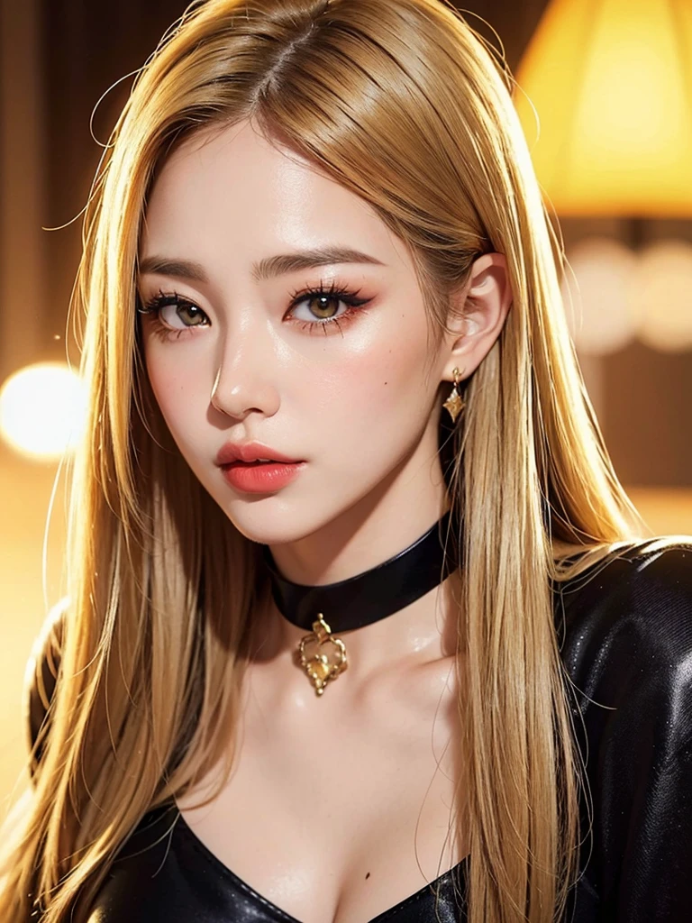 1girl, alone, solitary, high quality, (best quality,4k,8k,highres,masterpiece:1.2),ultra-detailed,(realistic,photorealistic,photo-realistic:1.37),gorgeous hair,blonde hair,long straight hair with bangs,sharp eyes,mole under the eye,plump lips,jewelry,(high detailed skin:1.4),(rim lighting:1.3),(lit:1.3),(sunny day:1.3),portrait,beautiful lips,waist-length hair,seductive gaze,moles,casual clothes,colorful clothing,close up,super long hair,choker necklace,light eyes,bangs,fringe,20 year old,dimples on the cheeks,dimples,golden hair,blondehair,bright golden hair,black,red lips,red lipstick,round lips,round pouty lips,pouty lips,douyin makeup, sparkly makeup,glitter,contact lenses