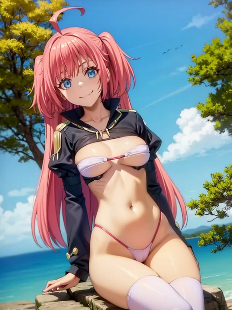 1girl, solo, beautiful girl, brunette skin, blue eyes, big eyes, detailed eyes, long eyelashes, pink hair, long hair, sidelocks, twintails, head tilt, fang, medium breasts, black bikini, string bikini, bikini bottom only, white crop top, asymmetrical legwear, ahoge, clothing cutout, cowboy shot, juliet sleeves, long sleeves, puffy sleeves, pink legwear, revealing clothes, shoulder cutout, pink thighhigh, no pants, skindentation, smile, looking at viewer, narrow waist, perfect hands, perfect anatomy, cleavage, midriff, navel, covered nipples, outdoors, sitting, leaning against a tree,