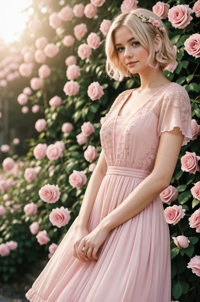 8k, RAW photo, Fujifilm, style photo of a beautiful young woman as avril in a garden of light pink roses (highly detailed skin: 1.2) Style-Petal BREAK short hair, blonde hair with colored locks, wearing a dress, film granulation, 35mm, cute style