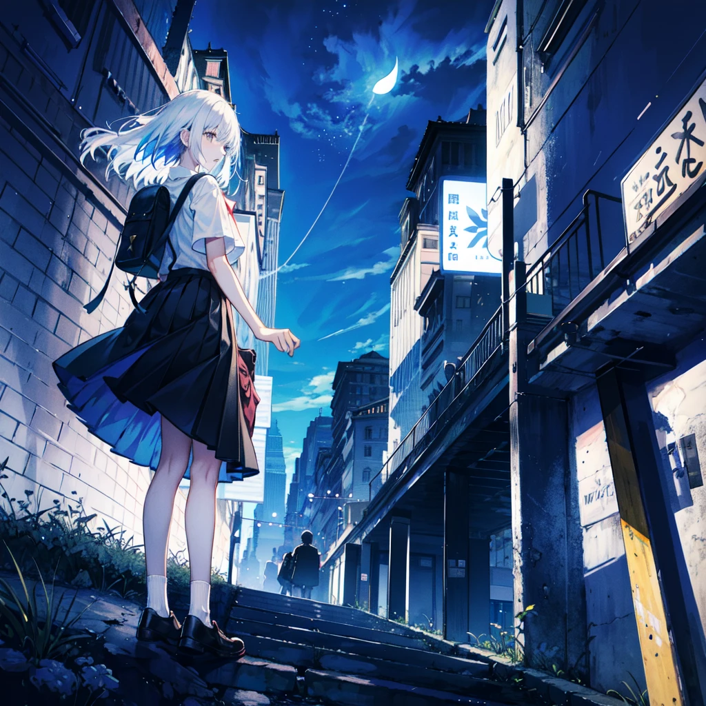 ((best quality)), ((masterpiece)), ((ultra-detailed)), (illustration), (detailed light), (an extremely delicate and beautiful), sky, star (sky), starry sky, scenery, outdoors, 1girl, crescent moon, cloud, night, skirt, white shirt, moon, bag, shirt, , night sky, sign, building,short sleeves, standing,long hair, solo, white hair, school bag, pleated skirt, facing away, power lines, backpack, utility pole,full body, white socks