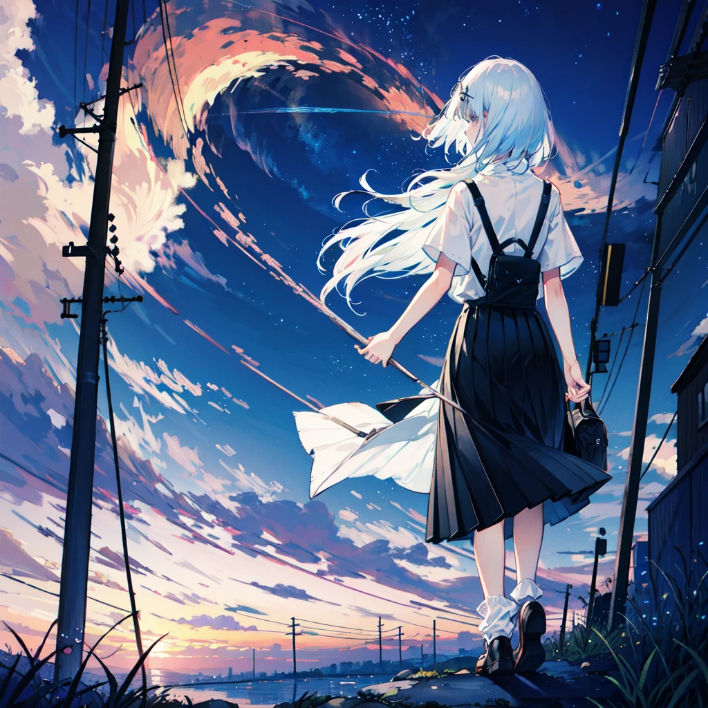 ((best quality)), ((masterpiece)), ((ultra-detailed)), (illustration), (detailed light), (an extremely delicate and beautiful), sky, star (sky), starry sky, scenery, outdoors, 1girl, crescent moon, cloud, night, skirt, white shirt, moon, bag, shirt, , night sky, sign, building,short sleeves, standing,long hair, solo, white hair, school bag, pleated skirt, facing away, power lines, backpack, utility pole,full body, white socks