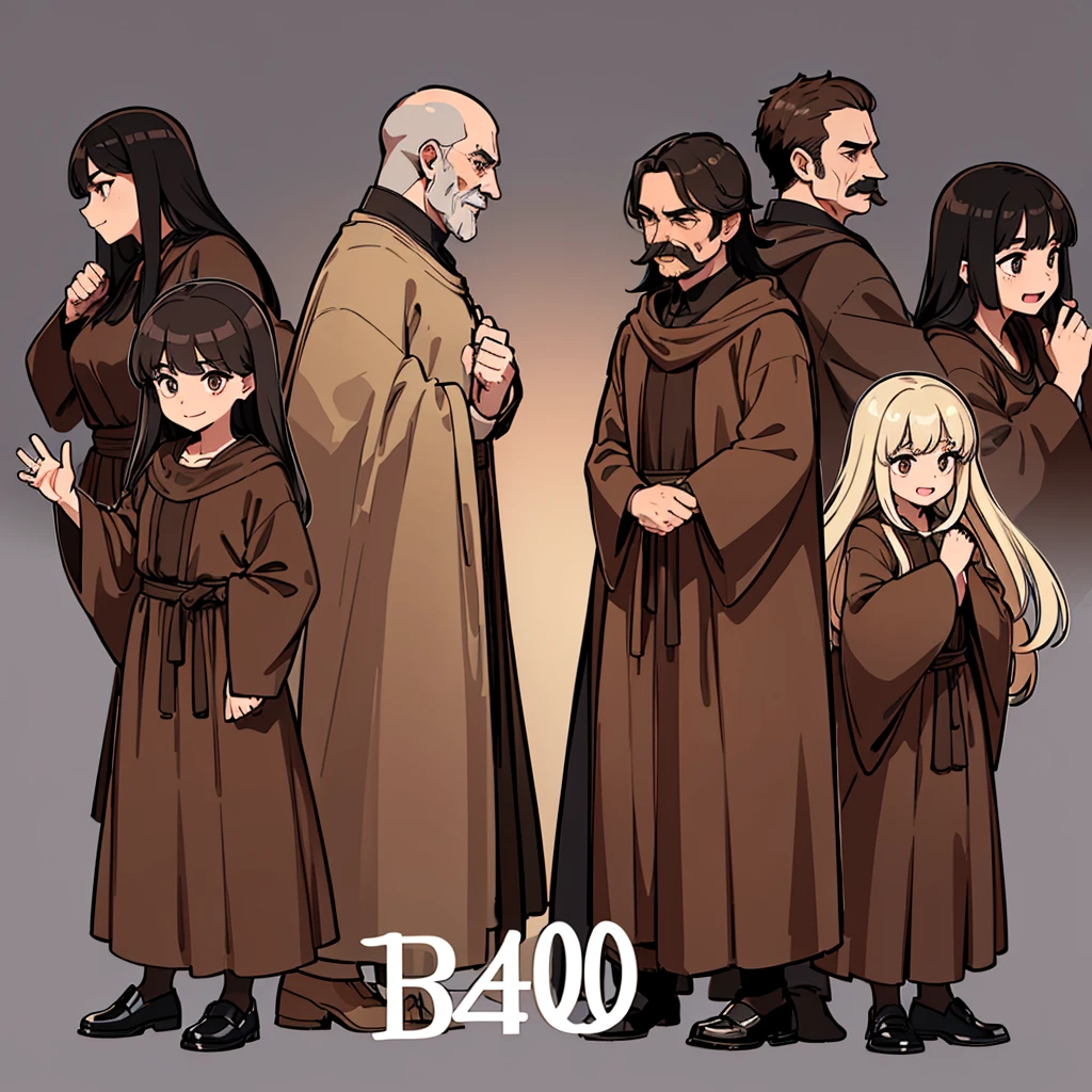 (Full body character concept、Various poses、10 people)、Highest quality, Best Quality,Best illustrations、middle ages、(((Simple brown robe、Black shoes)))、(40-year-old uncle、mature、Kaiser moustache、Hair length to shoulders)、(Open your mouth、smile)、Dramatic Angle、Movement angle、(From the side、profile)、Run、dash