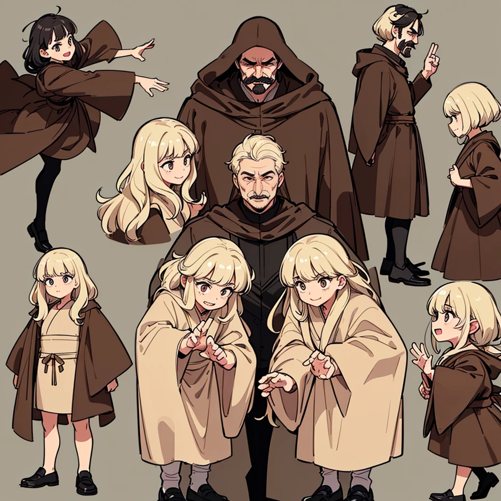 (Full body character concept、Various poses、10 people)、Highest quality, Best Quality,Best illustrations、middle ages、(((Simple brown robe、Black shoes)))、(40-year-old uncle、mature、Kaiser moustache、Hair length to shoulders)、(Open your mouth、smile)、Dramatic Angle、Movement angle、(From the side、profile)、Run、dash