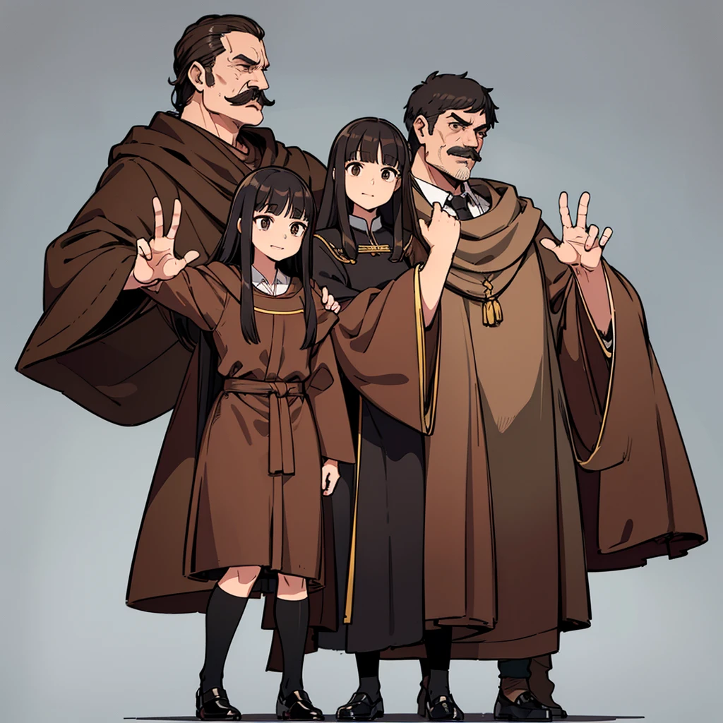 (Full body character concept、Various poses、10 people)、Highest quality, Best Quality,Best illustrations、middle ages、(((Simple brown robe、Black shoes)))、(40-year-old uncle、mature、Kaiser moustache、Hair length to shoulders)、(Open your mouth、smile)、Dramatic Angle、Movement angle、(From the side、profile)、Run、dash