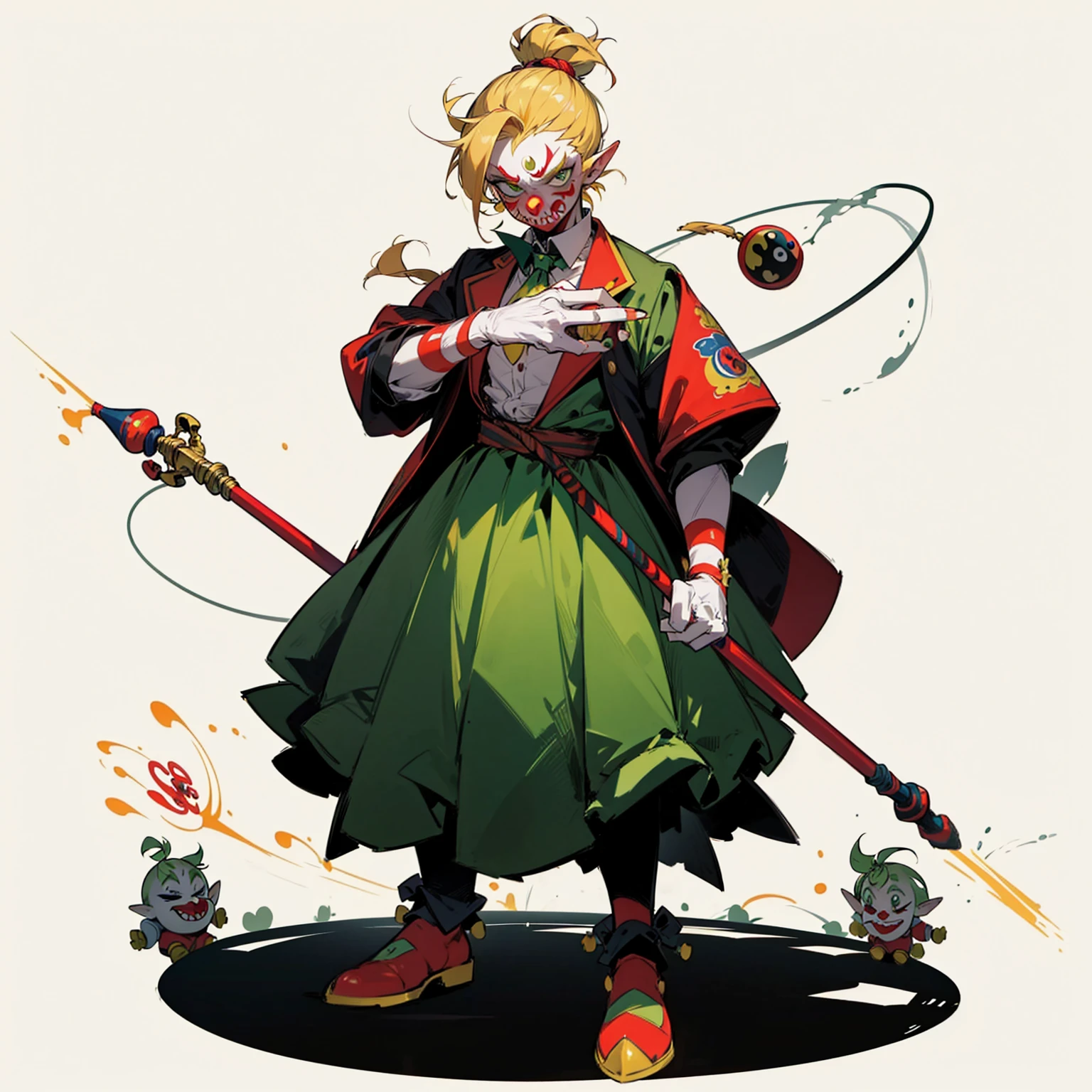 Random evolution, circuit clown, mascot, goblin man, (full body version), (1Man), (Clown make up on face), green eyes, blonde colour hair, man bun hairstyle, ((Whip weapon in hand)), Grassroots