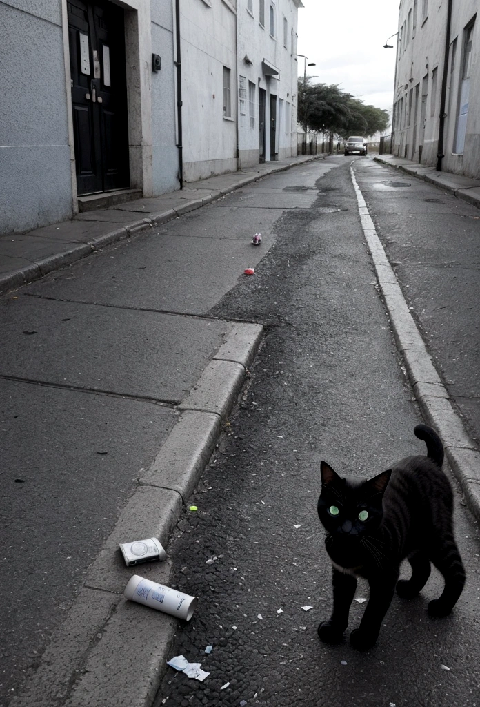 Environmental issues,SDGs,Monochrome,Colorful cans scattered on the street, Super Long Shot,Innovative and surreal art,A cat stands,Like a Bresson photograph