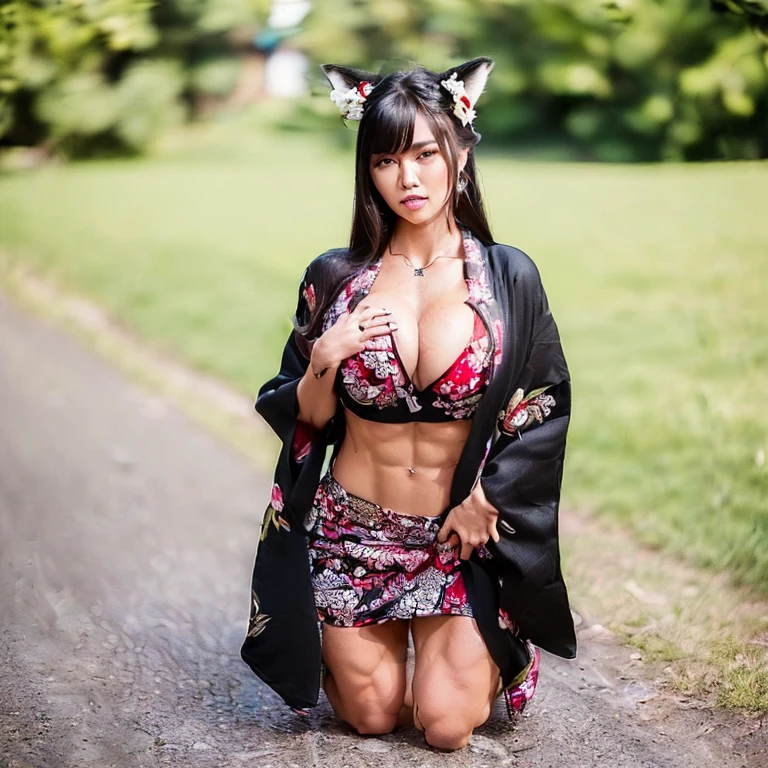 (Fox Girl, Fox Ears, Black colored hair, Fox Makeup, One Girl, Long Hair:1.6), (kimono, Kimono with open chest, A beautiful kimono with red and black patterns, I can see her , Open chest, Exposed skin:1.8), (Body size is 100-70-90!, Nice body, Big Breareasts, Emphasize e, Knees are slightle, Muscular, Abdominal muscles, Grab your own chest:1.9), Avatar, face, lewd face, Dominant representationughty face,ting, Skin Texture, outside, Grassy field