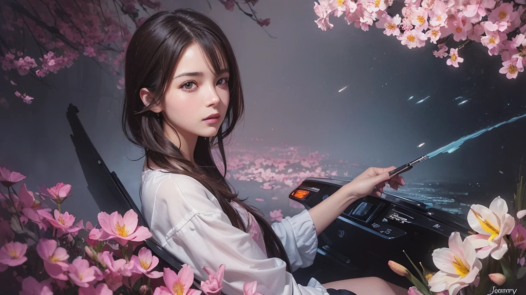 32k, Masterpiece, Highest quality, One girl, Brown Hair, Detailed eyes, flower,Freesia, Pink and navy style,A dreamy, romantic piece,Pale yellow, Mysterious Leaves,A playful arrangement,Fantasy,High Contrast,Ink strokes,explosion,Exposure, Impression of pink and navy tones,Abstract,((Watercolours by John Berkey and Jeremy Mann )) Brush strokes,Negative Space, Tyndall effect,