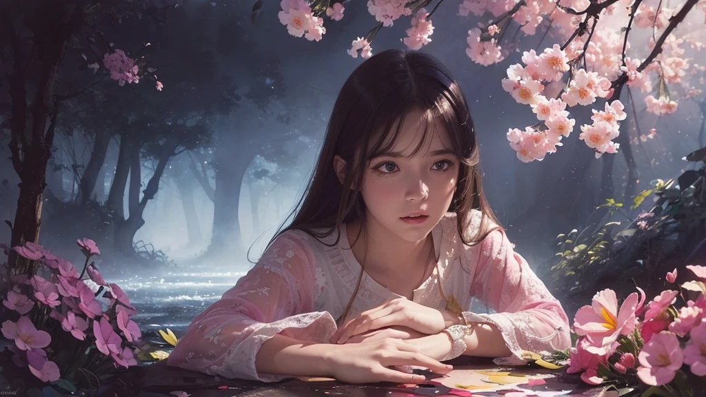32k, Masterpiece, Highest quality, One girl, Brown Hair, Detailed eyes, flower,Freesia, Pink and navy style,A dreamy, romantic piece,Pale yellow, Mysterious Leaves,A playful arrangement,Fantasy,High Contrast,Ink strokes,explosion,Exposure, Impression of pink and navy tones,Abstract,((Watercolours by John Berkey and Jeremy Mann )) Brush strokes,Negative Space, Tyndall effect,