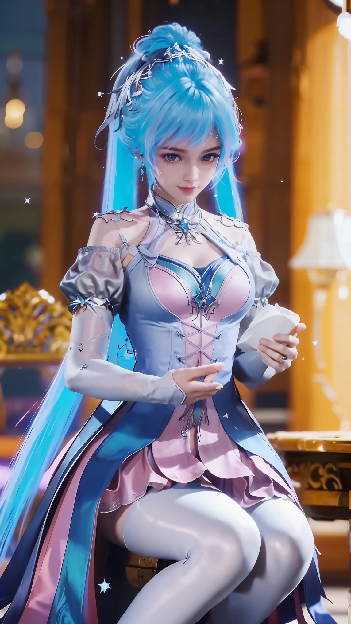Arad woman in a dress sitting on a throne, cute anime waifu in a nice dress, trending on cgstation, 8K high quality detailed art, anime barbie in white, highly detailed exquisite fanart, Extremely detailed Artgerm, the anime girl is crouching, Flowing magic robe, Beautiful and attractive anime woman, WLOP 和 Sakimichan，Double tail，Colored hair，Pink and Blue Ombre Hair