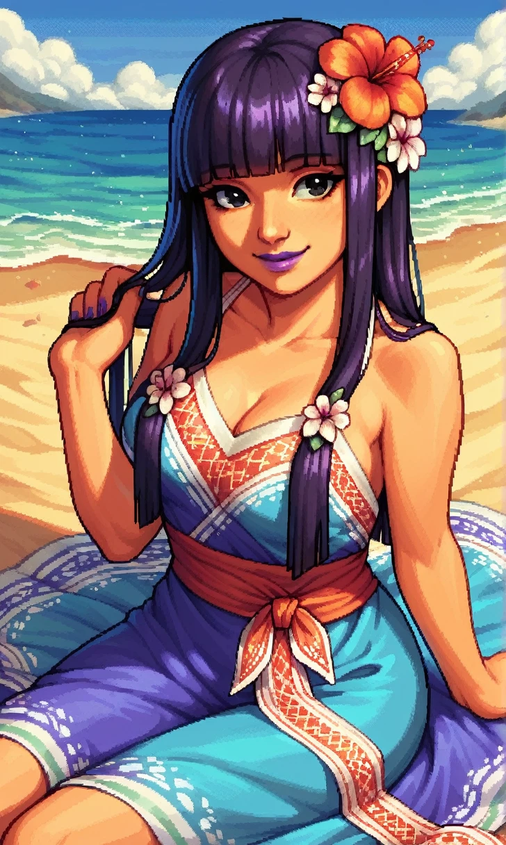 score_9, score_8_up, score_7_up, pixel art, 1girl, beach background, Asian, traditional polynesian dress, , sunny, lovely, hime cut hair, gentle smile, purple lips, black eyes, flowers in hair
