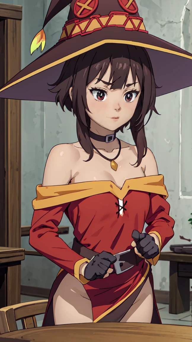 Artgerm, table, Best quality, extremely detailed, table, Best quality, Megumin, 1 girl in, bare shoulders, beautiful buttocks, стоит опершись о table, very sexy, smile, cheerful, Black e.g, black gloves, black hair, e.g, necklace, clavicle, dress, hair between eyes, It has, long sleeves, I look at the viewer, Medium hair, off shoulder dress, off the shoulders, Red dress, Red eyes, side locks, One, witch hat, in room