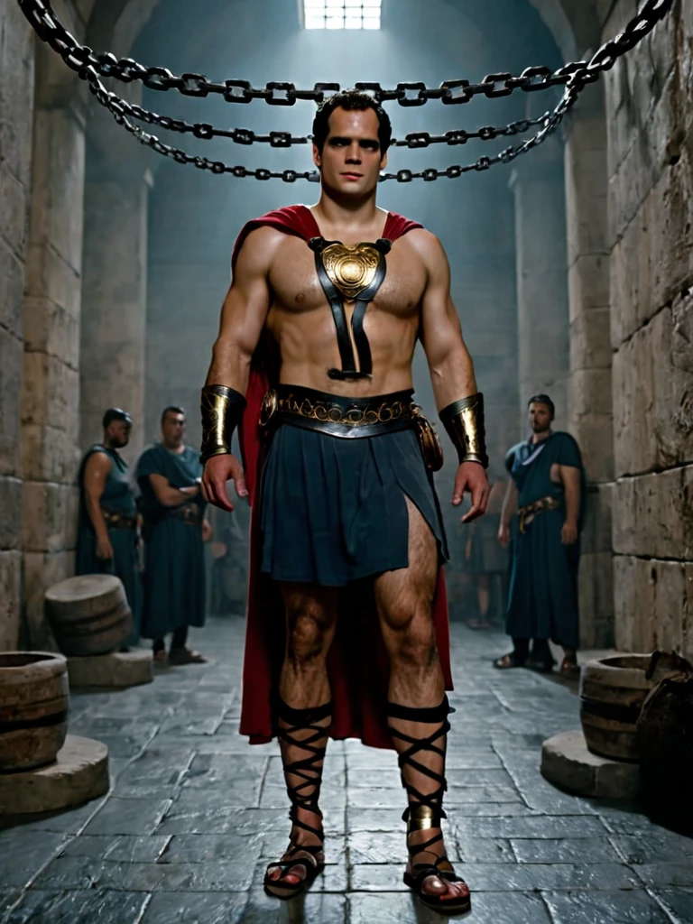 arafed man in a roman costume standing in a prison, in screenshot from the 300 movie, the the man is wrapped in chains, henry cavill as a greek god, 8 k movie still, henry cavill is a greek god, 300 the movie, inspired by Exekias, leading spartans into battle, film still from god of war