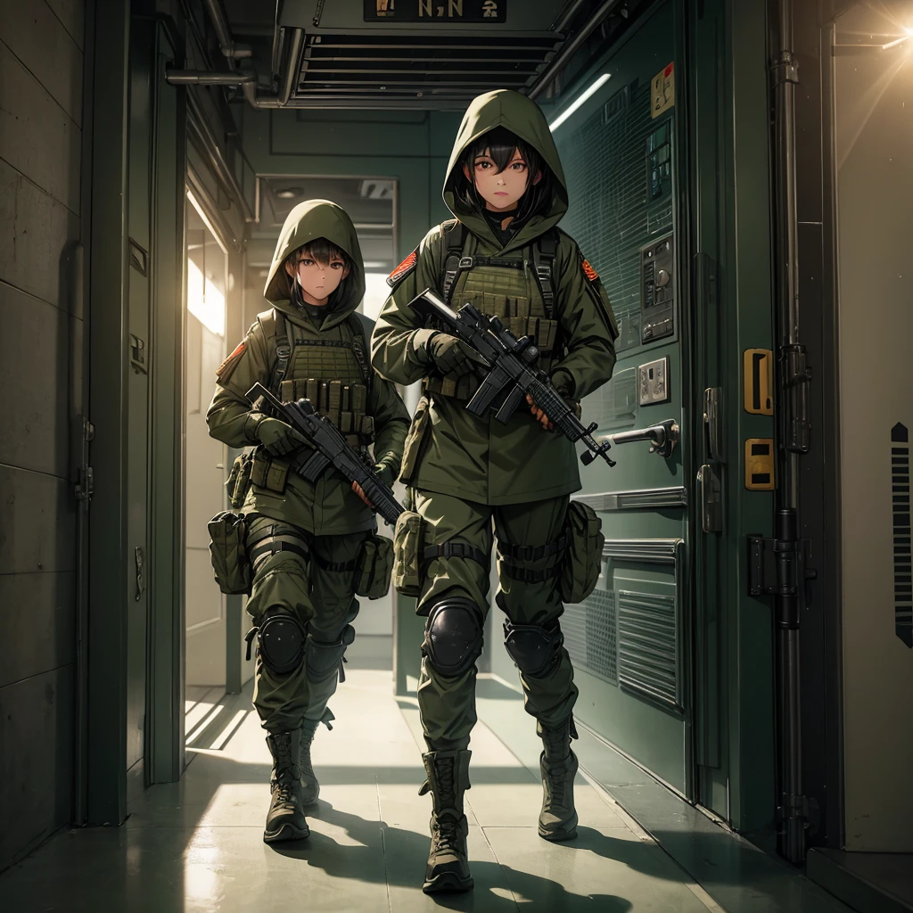 Several female soldiers fighting with bare hands、Wearing dark green M-51 hooded military uniform、Hooded on head、Military Pants、Magazine Pouch、Tactical harness、Knee pads、In front of the elevator door、best quality、Highly detailed CG、8K picture quality、Theatre lighting、lens flare