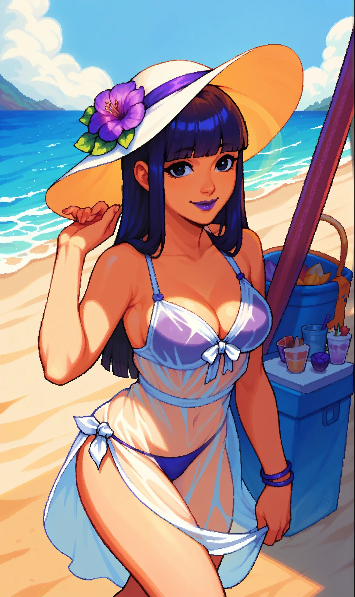 score_9, score_8_up, score_7_up, pixel art, 1girl, beach background, Asian, translucent white sundress, bikini, sunny, lovely, hime cut hair, gentle smile, purple lips, black eyes, sun hat