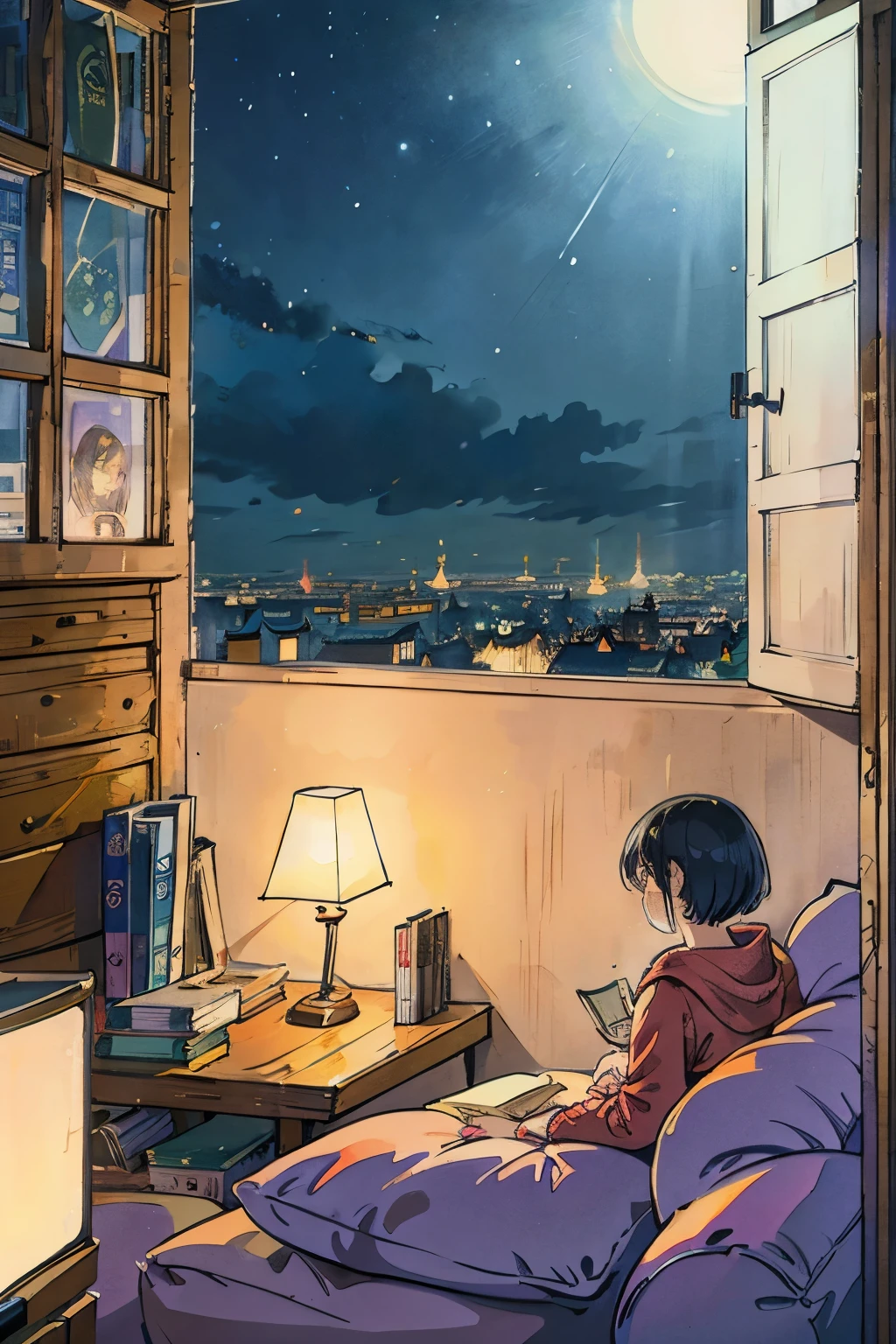 A girl is reading a book in her room。Outside the window, the night cityscape unfolds.。View of the entire room