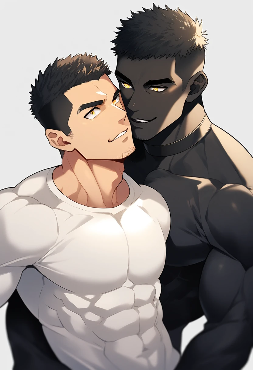 anime characters:Two superheroes in tights, Muscle superhero, negro black skin, They hugged and kissed each other, Bite your neck, Caress, Manliness, male focus, Yellow and black high collar long sleeve tight T-shirt, Slightly transparent material, Very tight, Round, full and perky chest muscles, Muscle waist, Slightly transparent, muscular male, muscular, only, Upper body, alone, Black short hair, Thick eyebrows, stubble, Yellow eyes, Grey background, simple background, amazing quality, best aesthetics, Ridiculous, bright pupils, crew cut, parted lips, seductive smile, torogao, naughty face, drop shadow, best quality