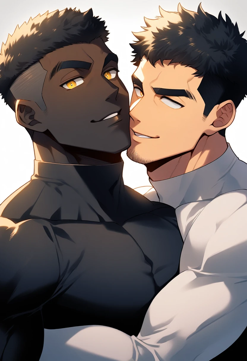 anime characters:Two superheroes in tights, Muscle superhero, negro black skin, They hugged and kissed each other, Bite your neck, Caress, Manliness, male focus, Yellow and black high collar long sleeve tight T-shirt, Slightly transparent material, Very tight, Round, full and perky chest muscles, Muscle waist, Slightly transparent, muscular male, muscular, only, Upper body, alone, Black short hair, Thick eyebrows, stubble, Yellow eyes, Grey background, simple background, amazing quality, best aesthetics, Ridiculous, bright pupils, crew cut, parted lips, seductive smile, torogao, naughty face, drop shadow, best quality