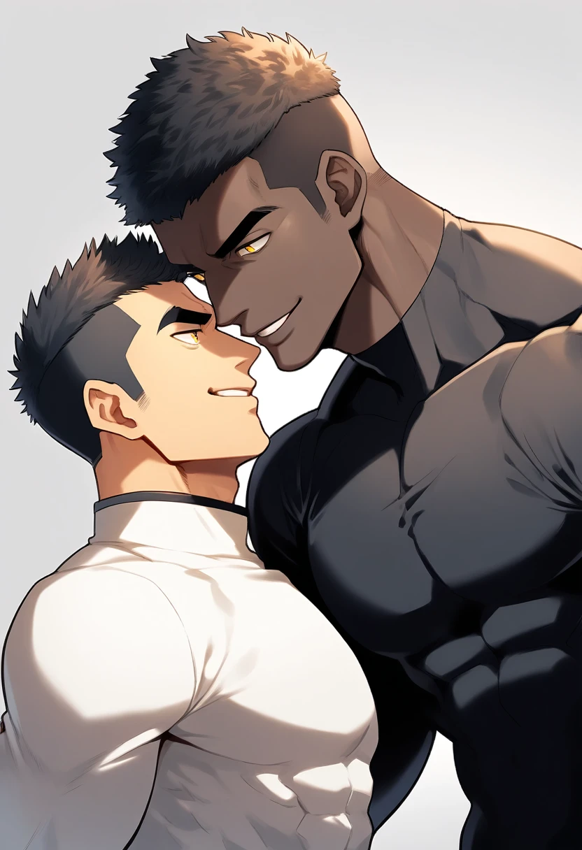 anime characters：Two superheroes in tights, Muscle superhero, negro black skin, They hugged and kissed each other, Bite your neck, Caress, Manliness, male focus, Yellow and black high collar long sleeve tight T-shirt, Slightly transparent material, Very tight, Round, full and perky chest muscles, Muscle waist, Slightly transparent, muscular male, muscular, only, Upper body, alone, Black short hair, Thick eyebrows, stubble, Yellow eyes, Grey background, simple background, amazing quality, best aesthetics, Ridiculous, bright pupils, crew cut, parted lips, seductive smile, torogao, naughty face, drop shadow, best quality