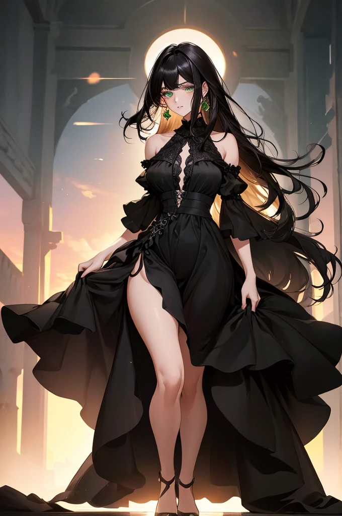 (top quality, masterpiece, high quality, ultra-delicate), ((beautiful girl)), (((adult)), ((Pure Dark black hair)), mature, graceful curves, ((long hair, long bangs)), ((bright green eyes)), ((detailed eyes)), nose, bangs, black collar, ((Revealing Black Dress)), V neck, seductive, standing shoulderless dress,, thick thighs, green earrings, Good Lighting, Sunset, full body.