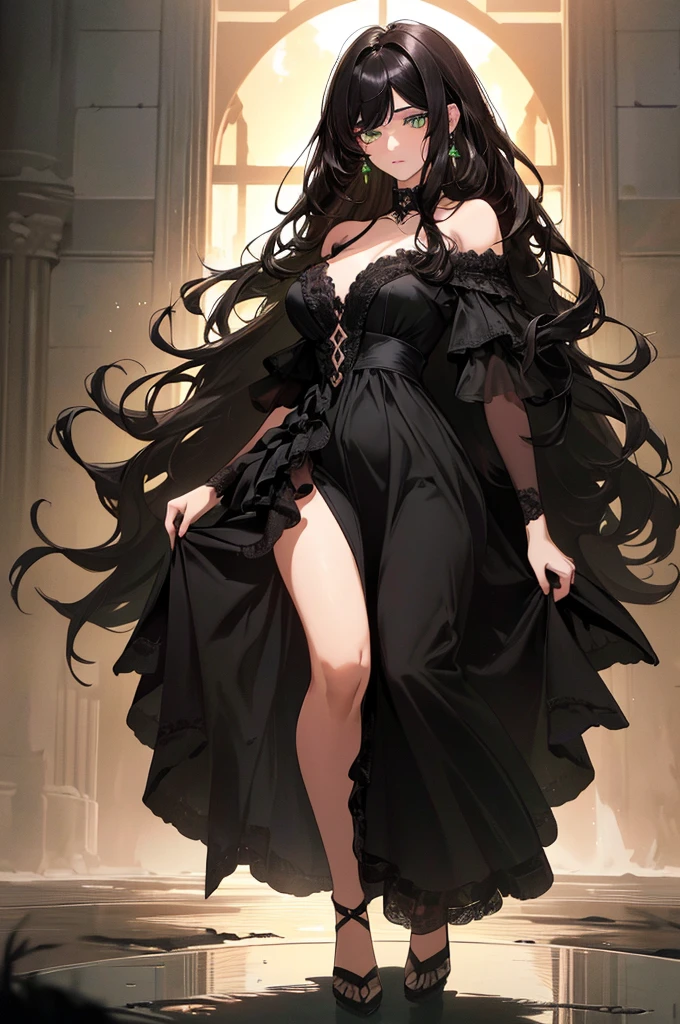 (top quality, masterpiece, high quality, ultra-delicate), ((beautiful girl)), (((adult)), ((Pure Dark black hair)), mature, graceful curves, ((long hair, long bangs)), ((bright green eyes)), ((detailed eyes)), nose, bangs, black collar, ((Revealing Black Dress)), V neck, seductive, standing shoulderless dress,, thick thighs, green earrings, Good Lighting, Sunset, full body.