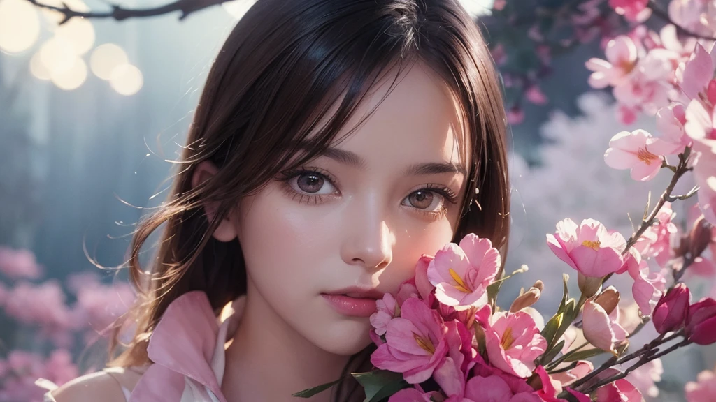 32k, Masterpiece, Highest quality, One girl, Brown Hair, Detailed eyes, flower,Freesia, Pink and navy style,A dreamy, romantic piece,Pale yellow, Mysterious Leaves,A playful arrangement,Fantasy,High Contrast,Ink strokes,explosion,Exposure, Impression of pink and navy tones,Abstract,((Watercolours by John Berkey and Jeremy Mann )) Brush strokes,Negative Space, Tyndall effect,
