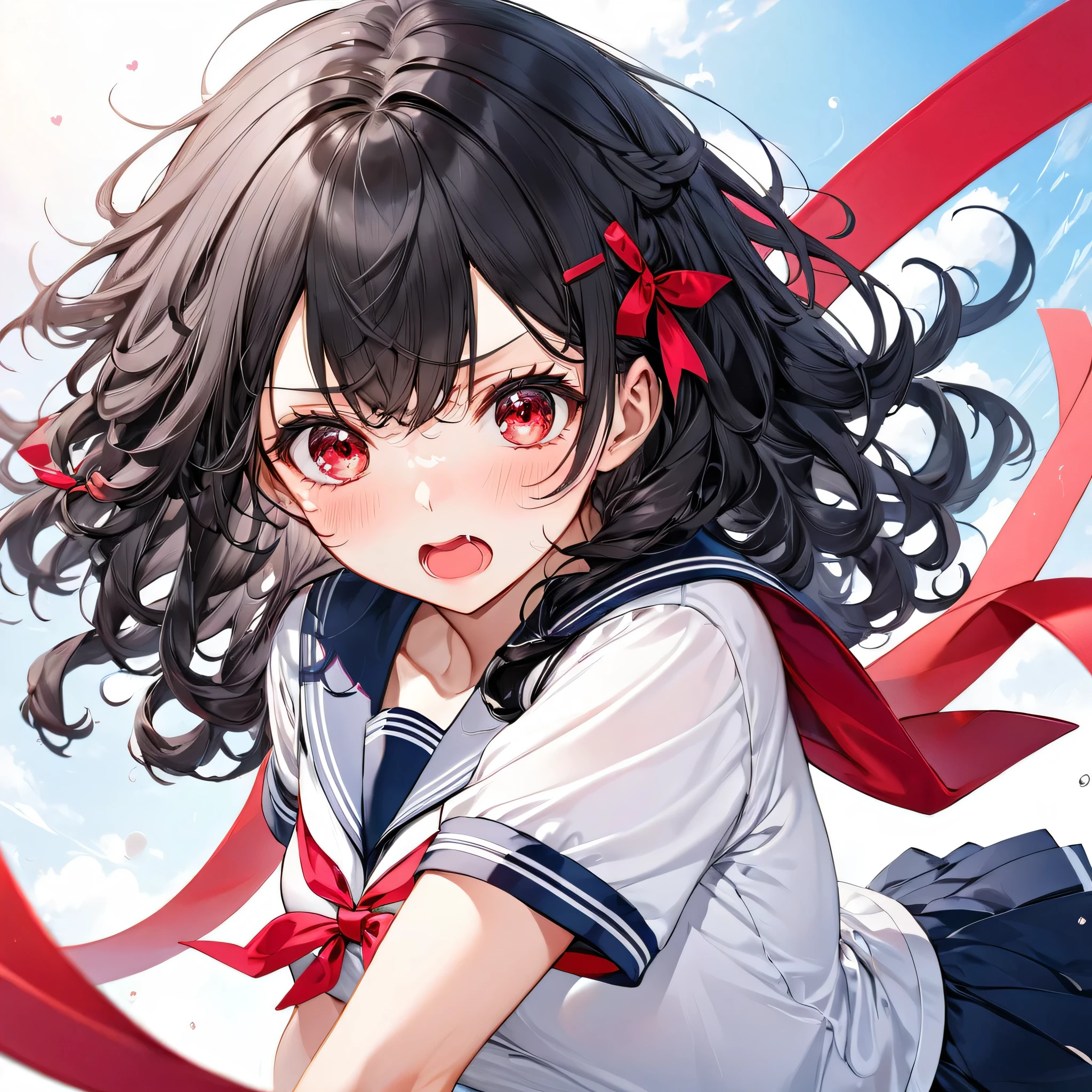 (Tsundere love mode) (15 yo, solo curly:1.3 black hair long hair cute girl, cute red eyes, angry face, pink lip open mouth, medium tits), break, (in a summer school sailor suit, red ribbon, skirt), BREAK, perfect anatomy, masterpiece, best quality, 16k, beautiful detailed grow, daydreaming expression.