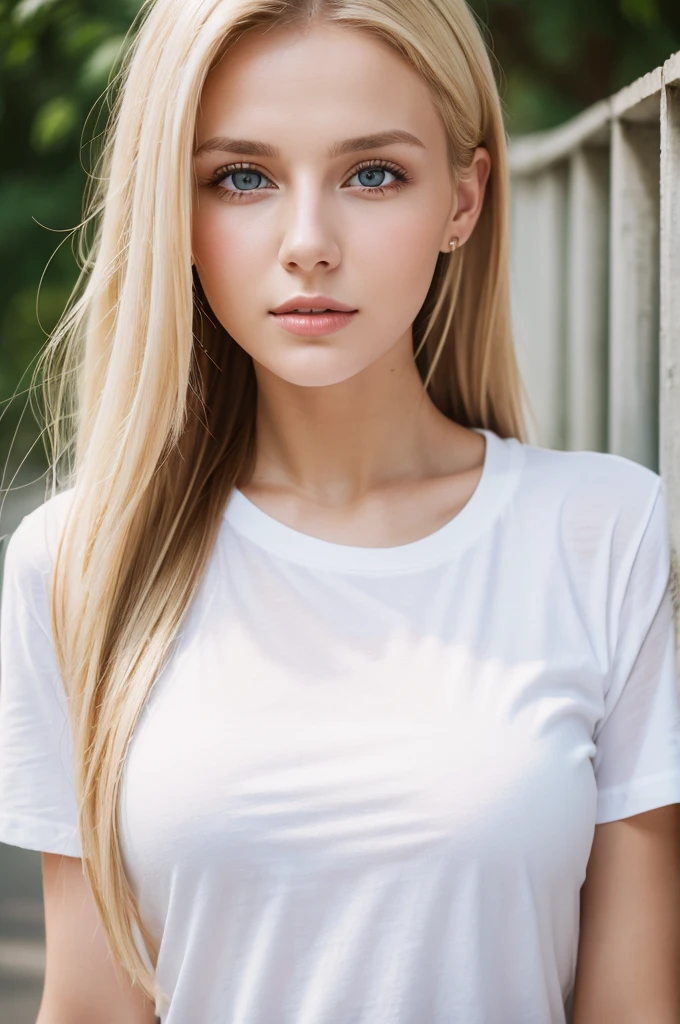 Close up portrait of woman in jeans and white shirt, Wearing a white T-shirt, Wearing a white T-shirt, Beautiful blonde girl, Cute young woman, Attractive girl, Aleksandra Waliszewska, Magdalena Rajej, wear tight, simple clothes, Mia Kishner, 2 4-year-old female model, Ukrainian girl, Beautiful model girl