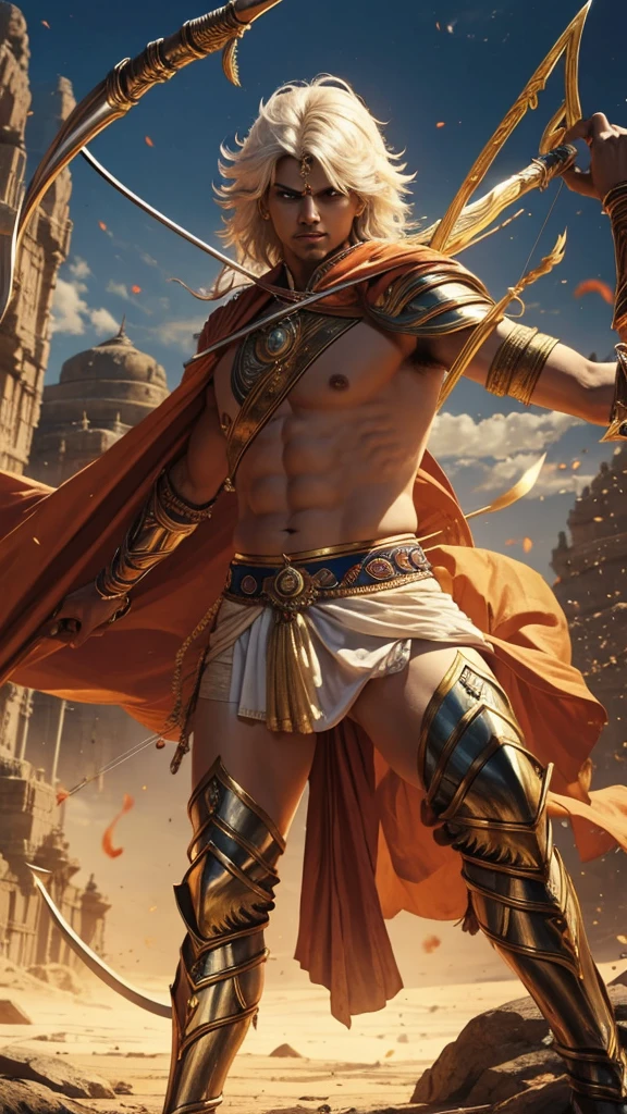 warrior karna in Mahabharata battlefield with powerful posture holding bow and arrow to shoot