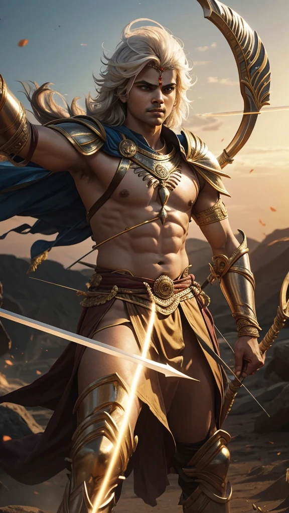 warrior karna in Mahabharata battlefield with powerful posture holding bow and arrow to shoot