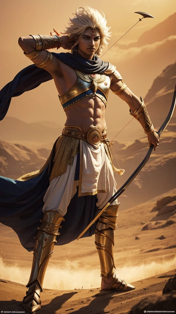 warrior karna in Mahabharata battlefield with powerful posture holding bow and arrow to shoot