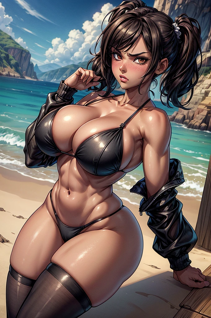 ((Masterpiece)), ((Best Quality)), Ultra High Resolution, HDR, absurderes, 8K, (1 girl), intricate details, ultra-detailed, dramatic lighting, blushing, angry, brown eyes, short black hair, 2 pigtails, (black bikini), in a beach, gorgeous girl, large breasts, gorgeous body, glossy skin, vivid colors, full body view, detailed illustration, detail background, shy, feminine, professional artwork, big thighs, cleavage, small waist, wide hips