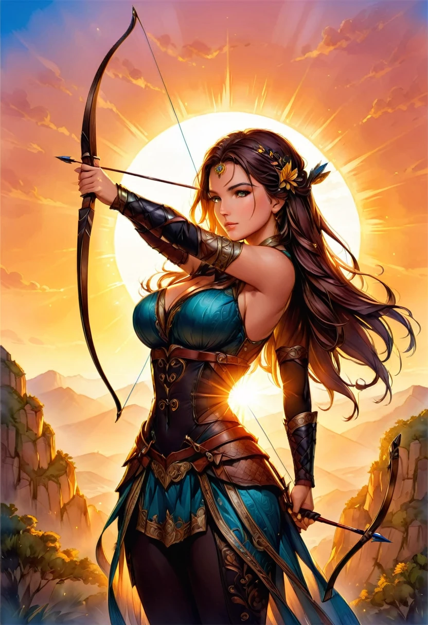 a watercolor illustration of a exquisite beautiful female archer, (silhouette artwork: 1.3), aiming a bow, holding the bow perfectly, ready for action as the sun rises, fantasy art, ), sun rising behind the archer, ready to act,  ultra feminine, with a long curvy hair, dynamic clothing, intricate clothes, , sting drawn to the cheek , arrow ready to be shot, (tip of the arrow glimmers in the sun: 1.3), sunrays, divine rays, high details, best quality, 16k, [ultra detailed], masterpiece, best quality, (extremely detailed), dynamic angle, Aiming a Bow, bow (weapon)