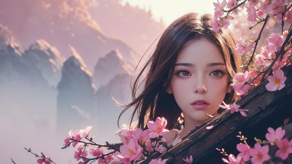 32k, Masterpiece, Highest quality, One girl, Brown Hair, Detailed eyes, flower,Freesia, Pink and navy style,A dreamy, romantic piece,Pale yellow, Mysterious Leaves,A playful arrangement,Fantasy,High Contrast,Ink strokes,explosion,Exposure, Impression of pink and navy tones,Abstract,((Watercolours by John Berkey and Jeremy Mann )) Brush strokes,Negative Space, Tyndall effect,